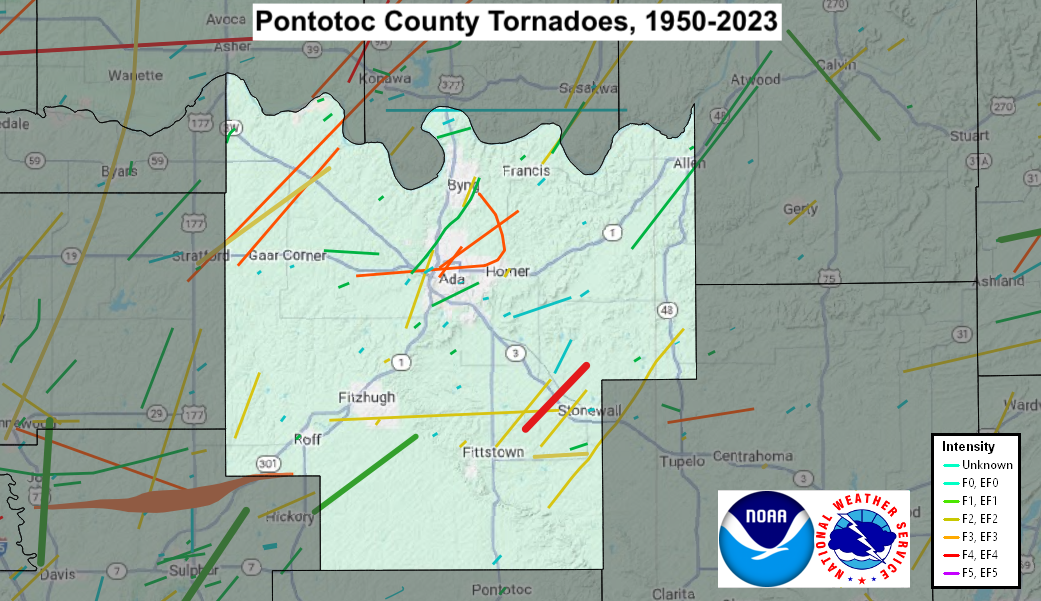 Tornado Track Map for Pontotoc County, OK