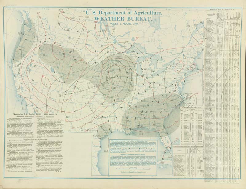 U.S. Weather Bureau Surface Analysis at 7:00 am CST (1300 UTC) on April 21, 1912.