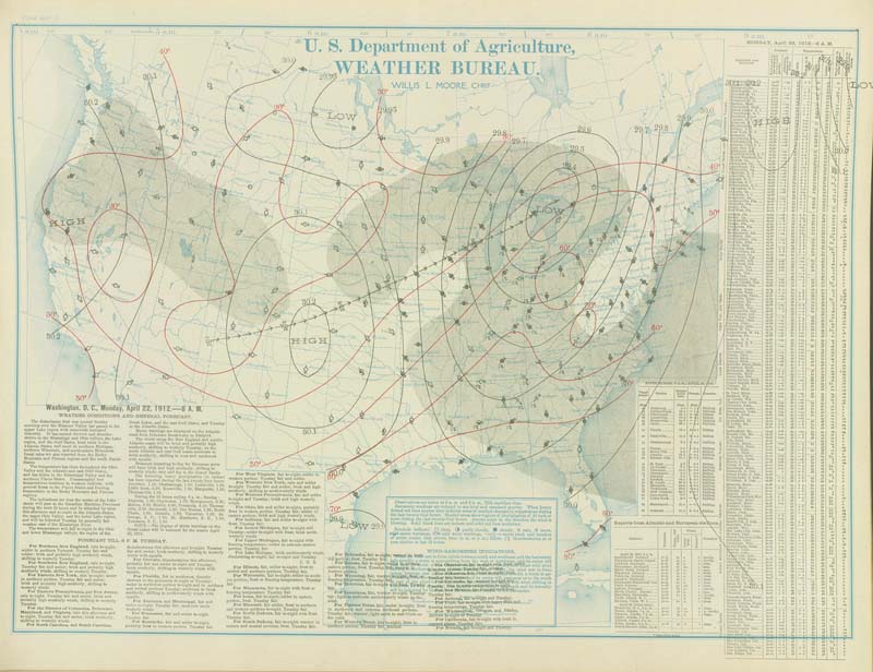 U.S. Weather Bureau Surface Analysis at 7:00 am CST (1300 UTC) on April 22, 1912.