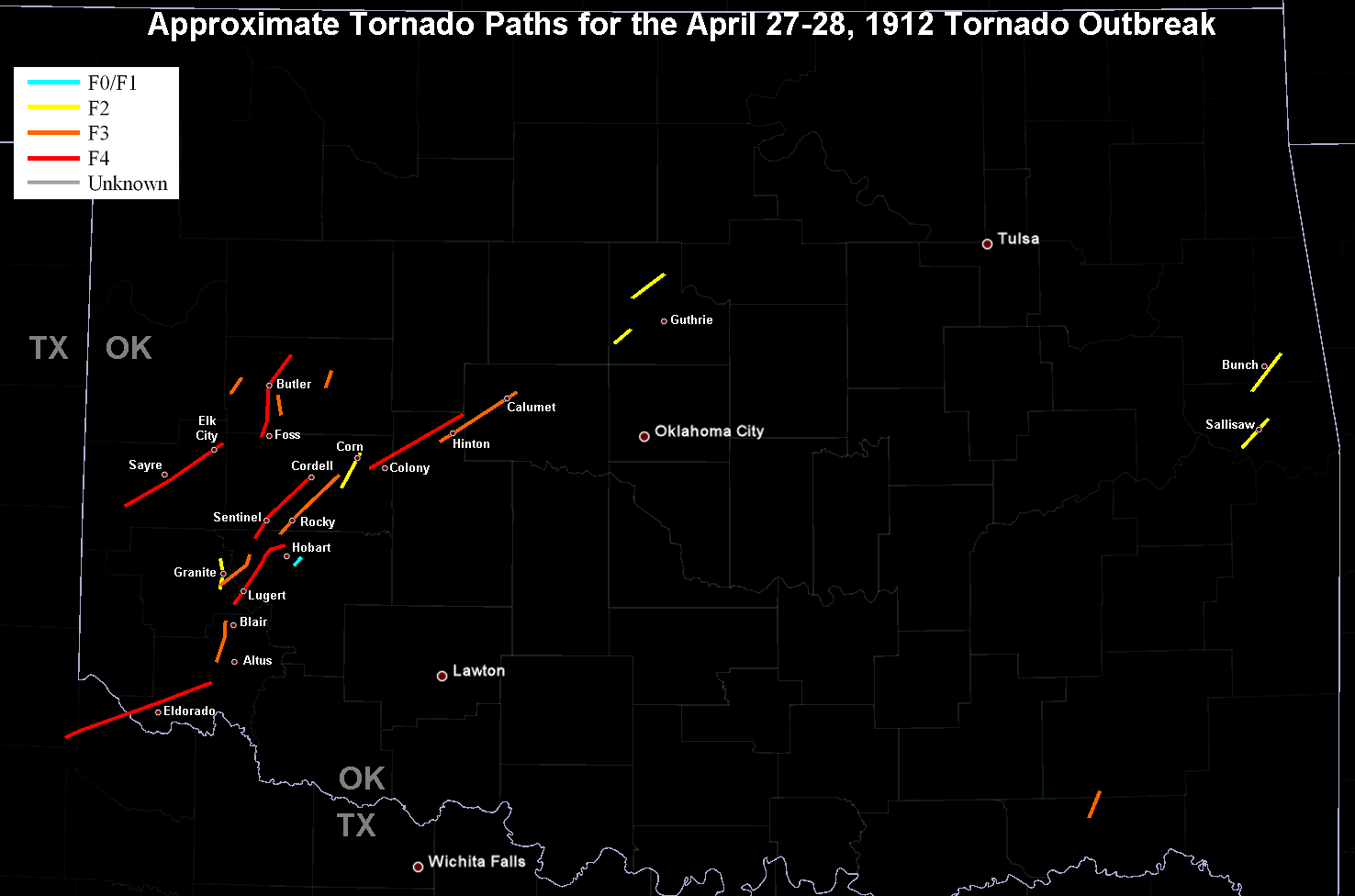 Approximate Tornado Tracks for the April 27-28, 1912 Tornado Outbreak in Oklahoma