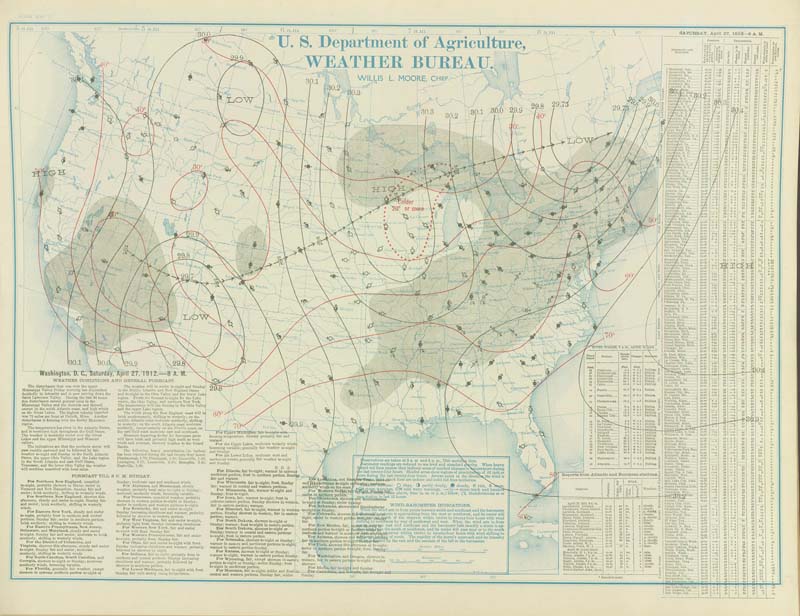 U.S. Weather Bureau Surface Analysis at 7:00 am CST (1300 UTC) on April 27, 1912.