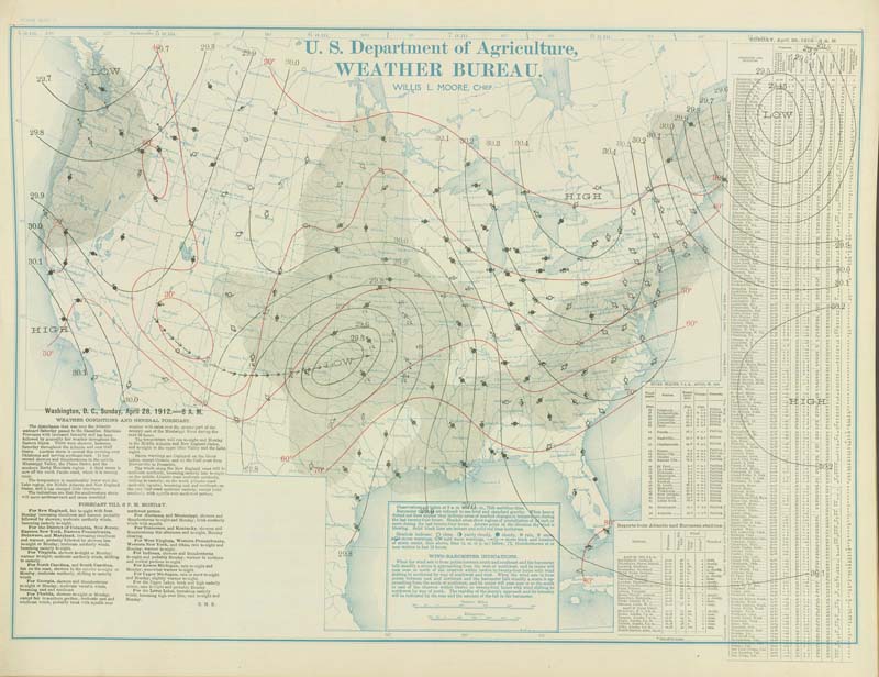 U.S. Weather Bureau Surface Analysis at 7:00 am CST (1300 UTC) on April 28, 1912.
