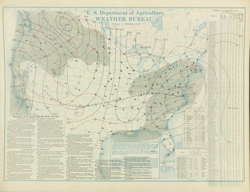 U.S. Weather Bureau Surface Analysis at 7:00 am CST (1300 UTC) on April 30, 1912.