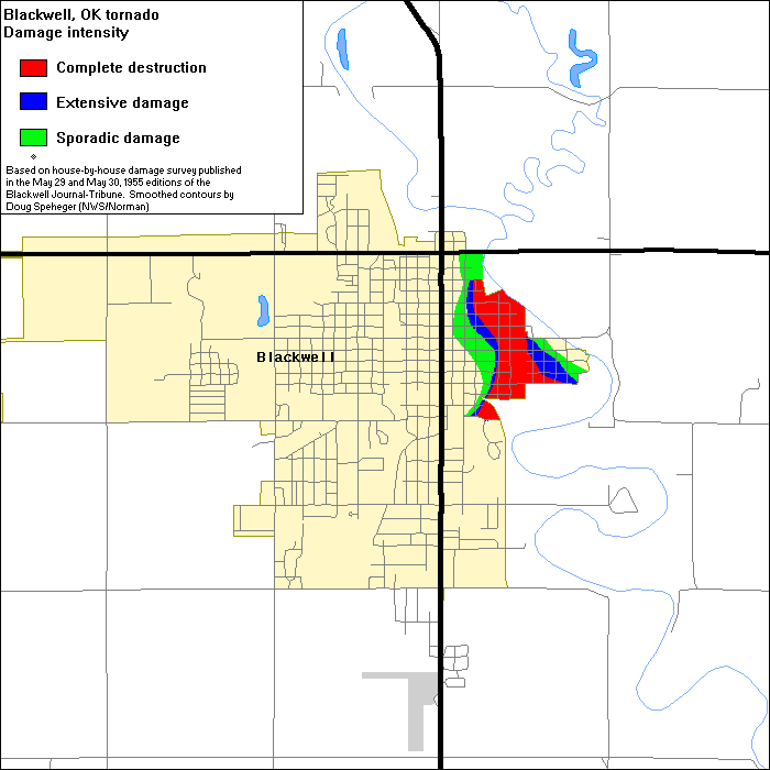 Recreation of a Damage Map in Blackwell, OK for the May 25, 1955 F5 Tornado