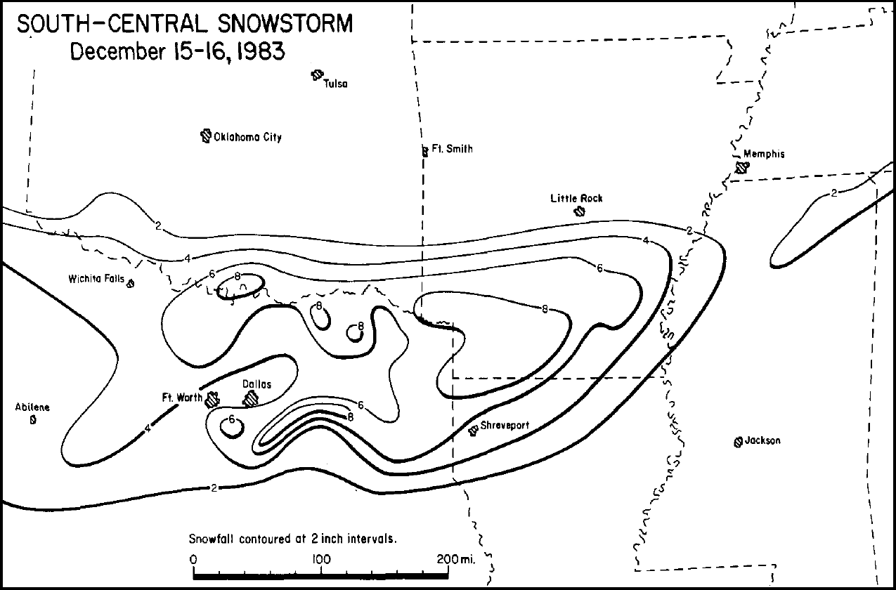 Storm Total Snowfall for the Winter Storm of December 15-16, 1983 in the South Central U.S.