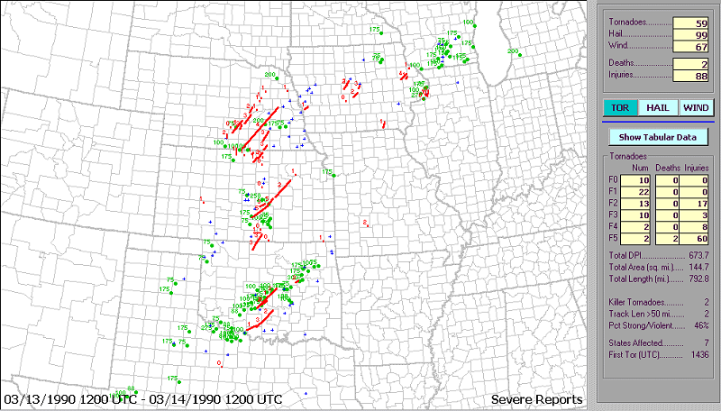 SPC Severe Weather Reports from 6:00 AM CST on March 13, 1990 to 6:00 AM CST on March 14, 1990