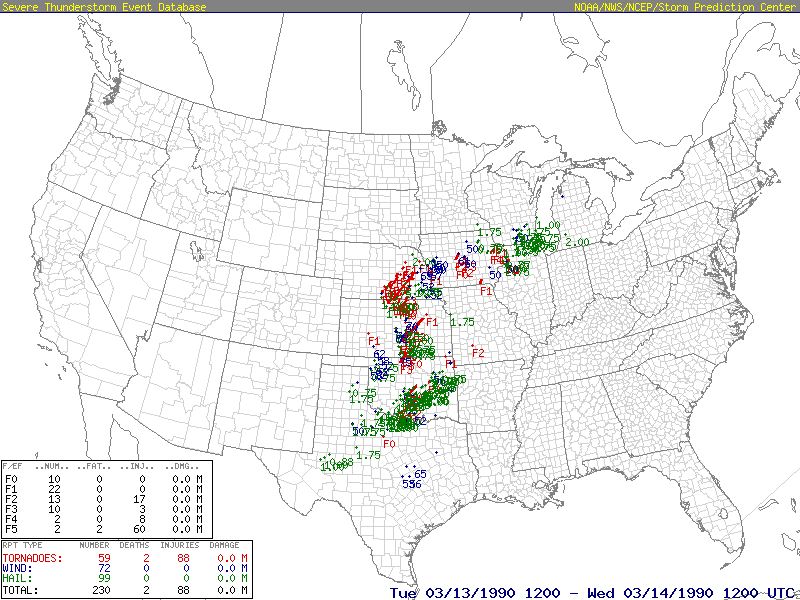 SPC Storm Reports for 6 AM CST March 13, 1990 - 6 AM CST March 14, 1990