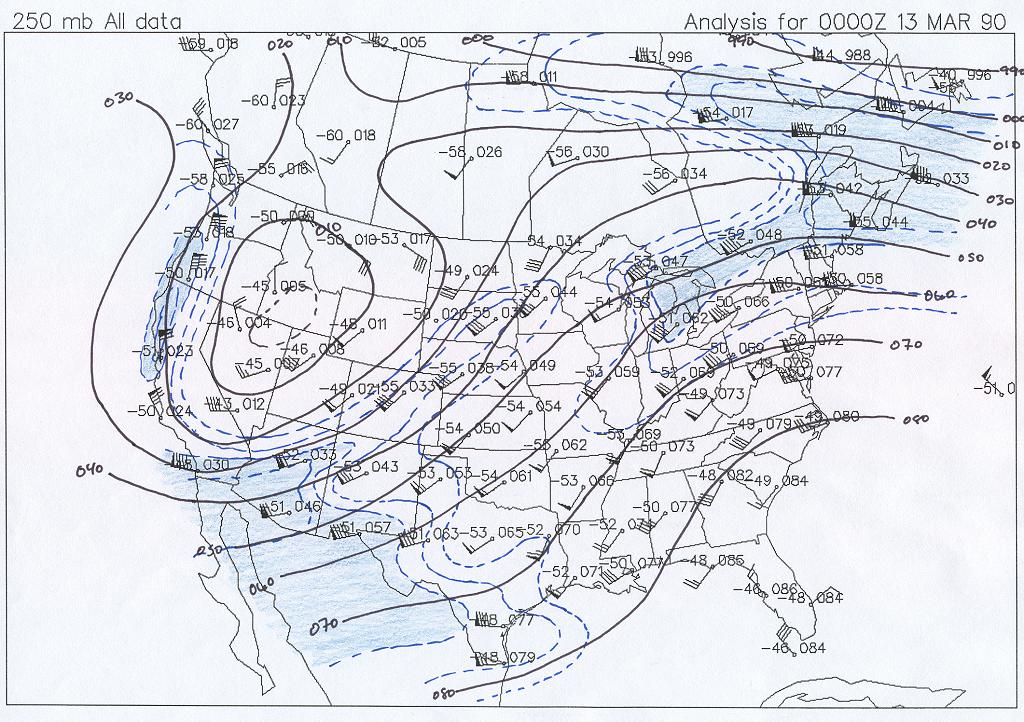 250 mb Map at 6 PM CST, March 12, 1990