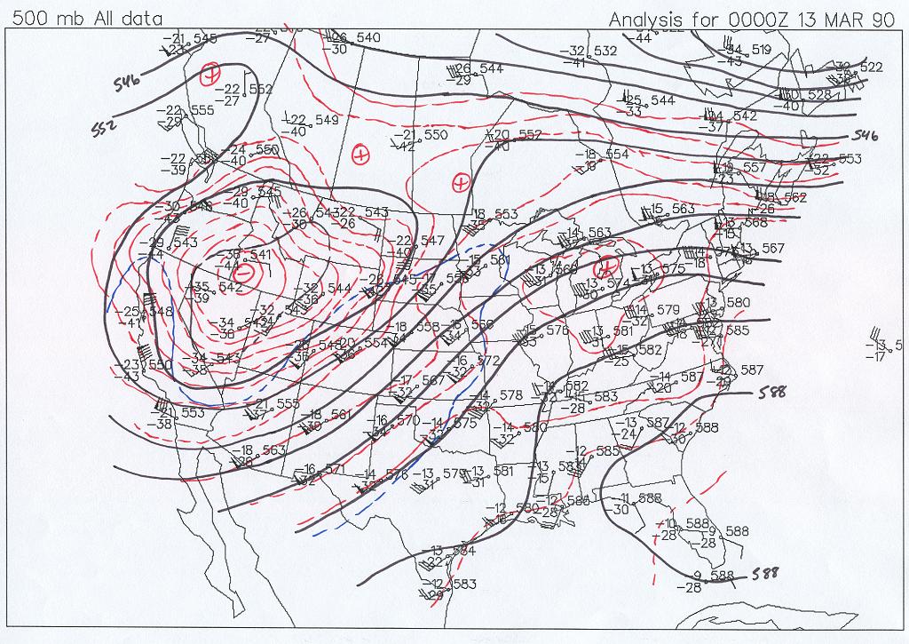 500 mb Map at 6 PM CST, March 12, 1990