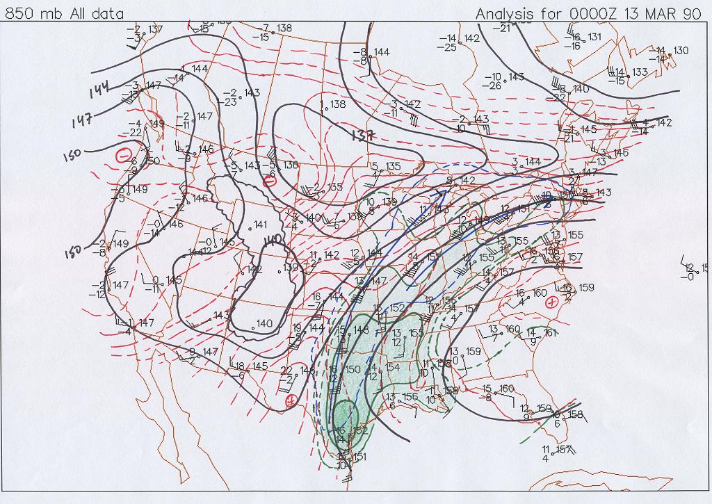 850 mb Map at 6 PM CST, March 12, 1990