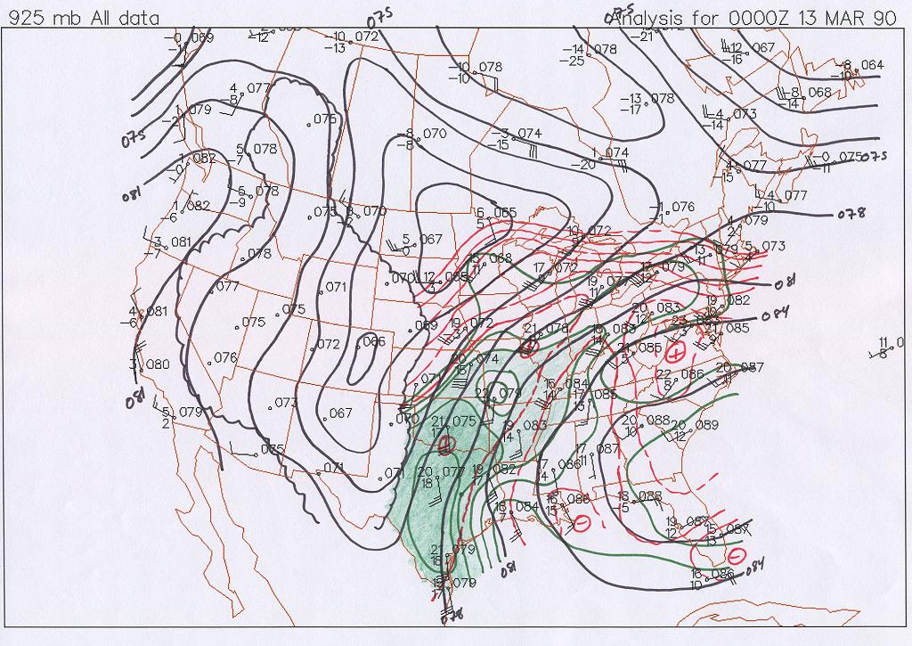 925 mb Map at 6 PM CST, March 12, 1990