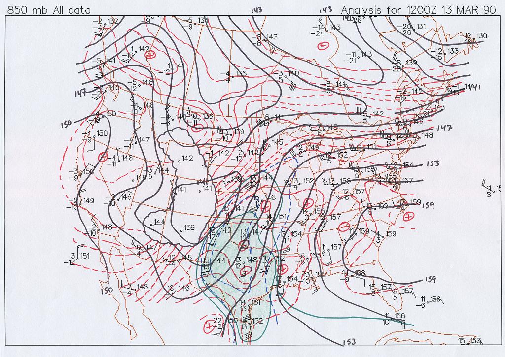 850 mb Map at 6 AM CST, March 13, 1990