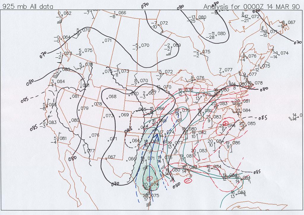 925 mb Map at 6 PM CST, March 13, 1990