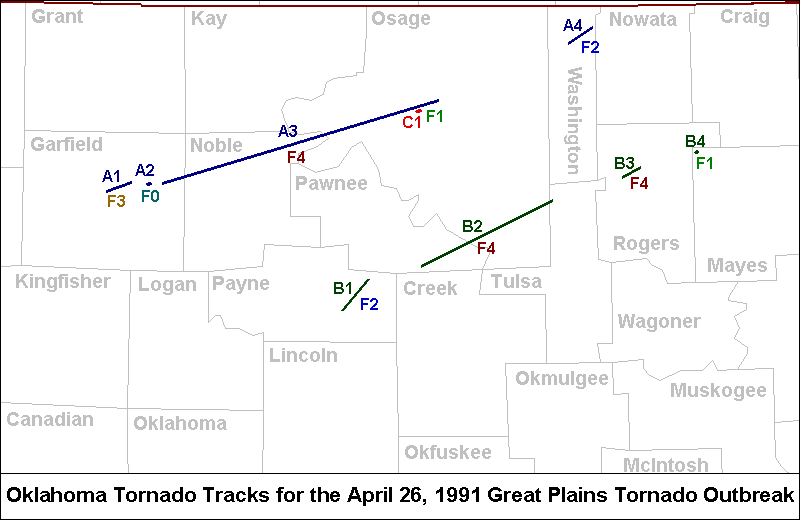 Oklahoma Tornado Tracks for the April 26, 1991 Great Plains Tornado Outbreak
