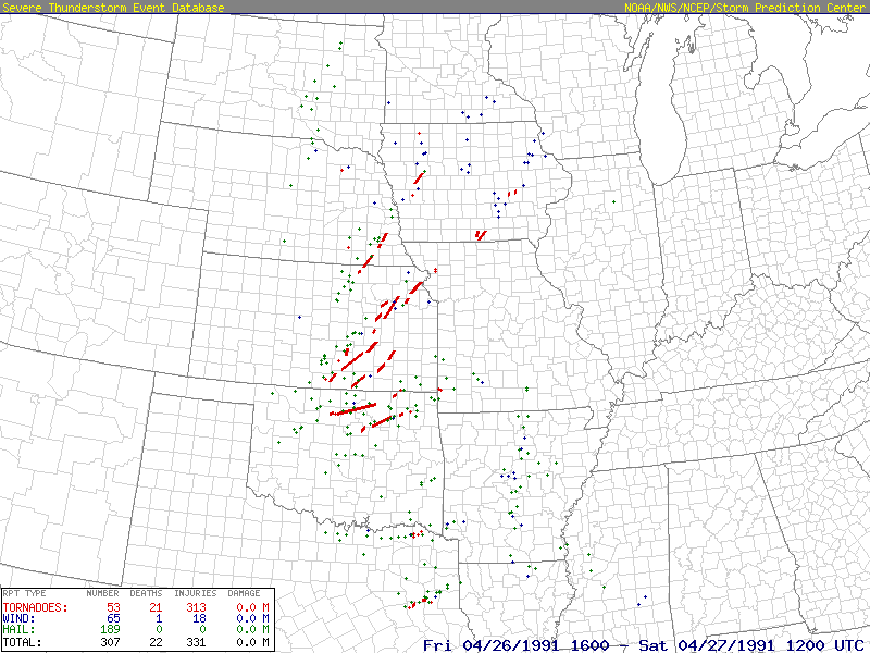 Total Tornado Tracks and Severe Weather Reports for the April 26, 1991 Great Plains Tornado Outbreak