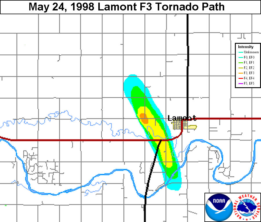 May 24, 1998 Lamont F3 Tornado Path Map