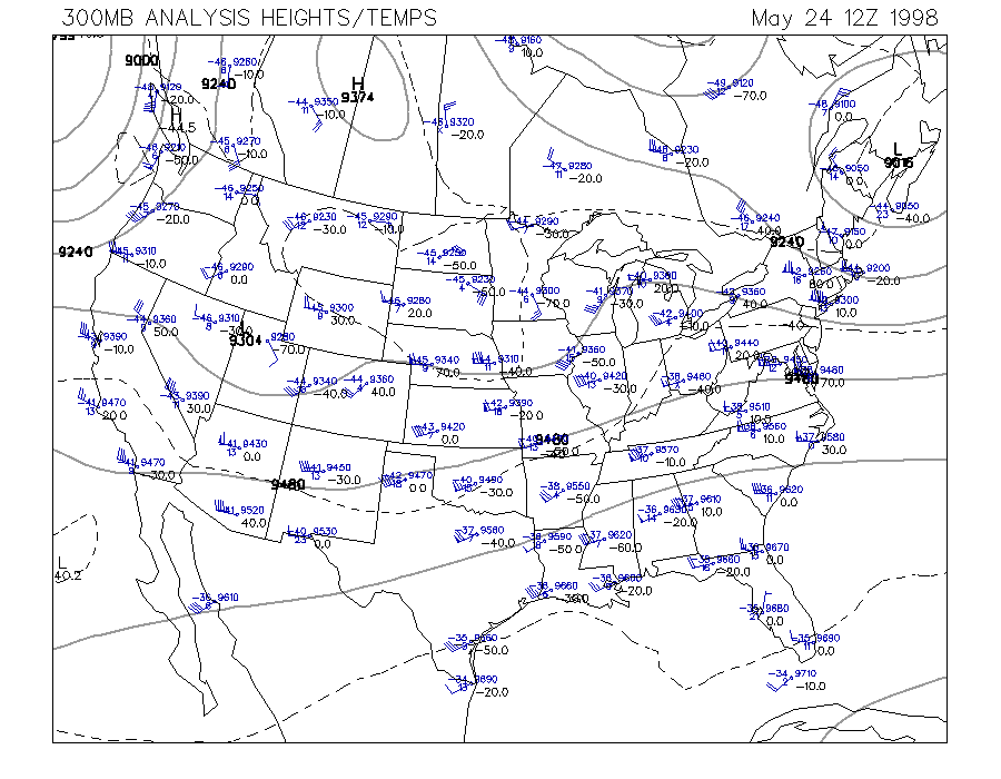 300 MB Upper Air Map at 7:00 am CDT on 5/24/1998