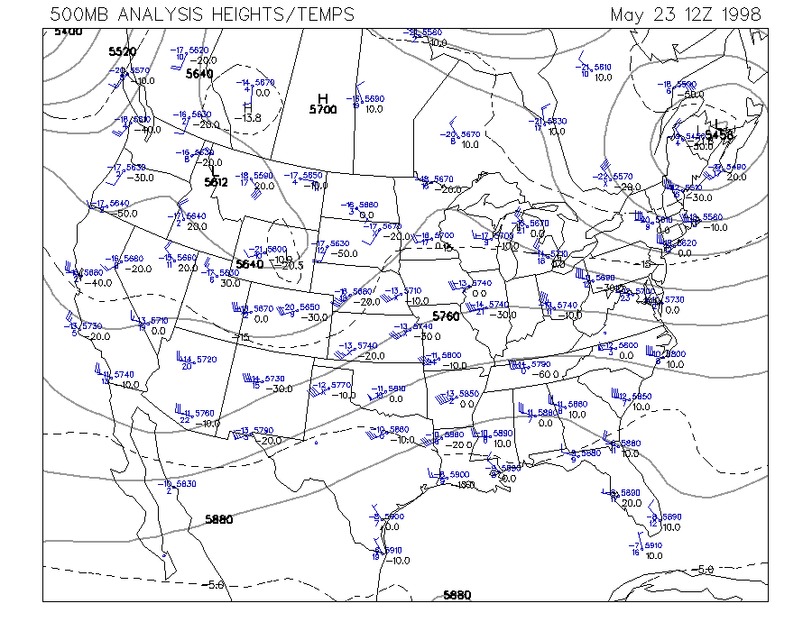 500 MB Upper Air Map at 7:00 am CDT on 5/23/1998