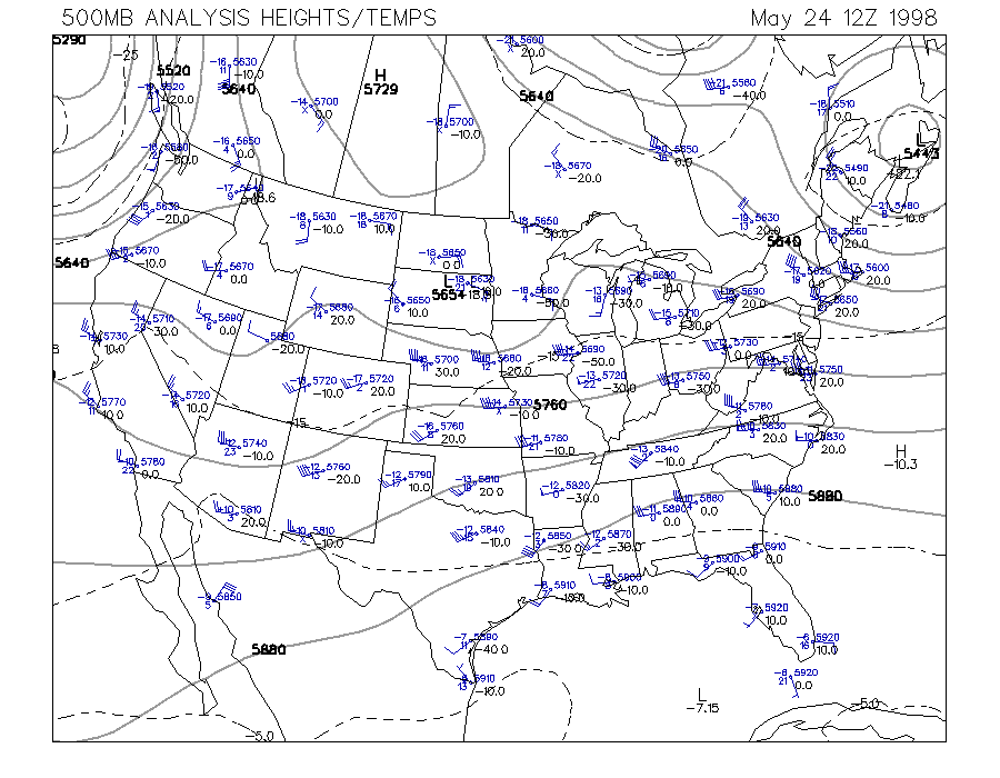500 MB Upper Air Map at 7:00 am CDT on 5/24/1998