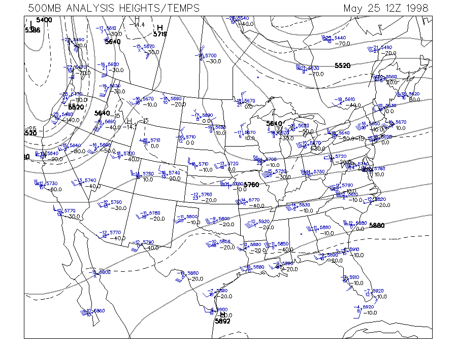500 MB Upper Air Map at 7:00 am CDT on 5/25/1998
