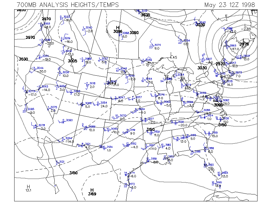 700 MB Upper Air Map at 7:00 am CDT on 5/23/1998