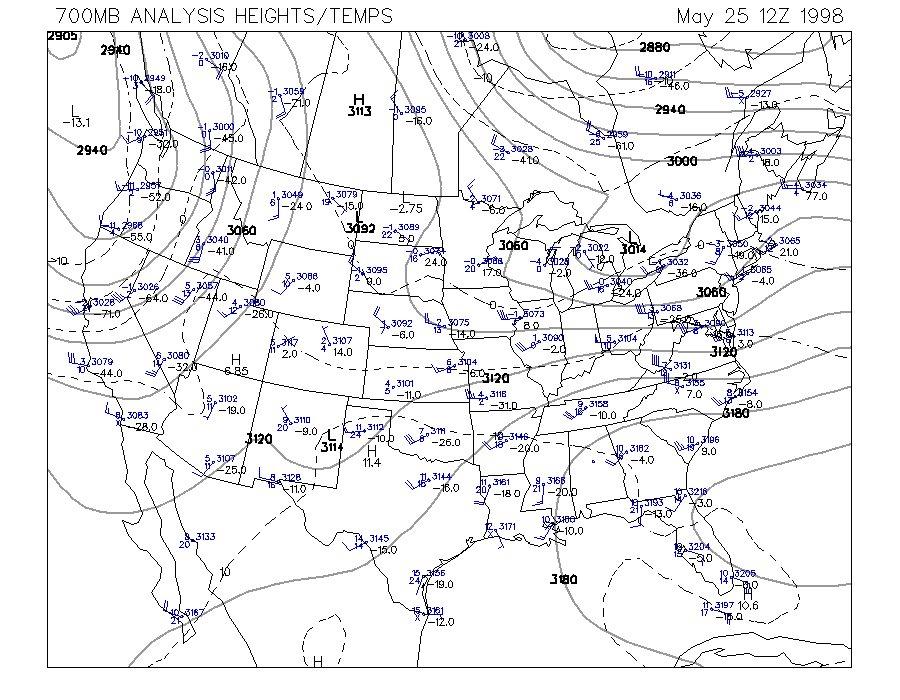 700 MB Upper Air Map at 7:00 am CDT on 5/25/1998