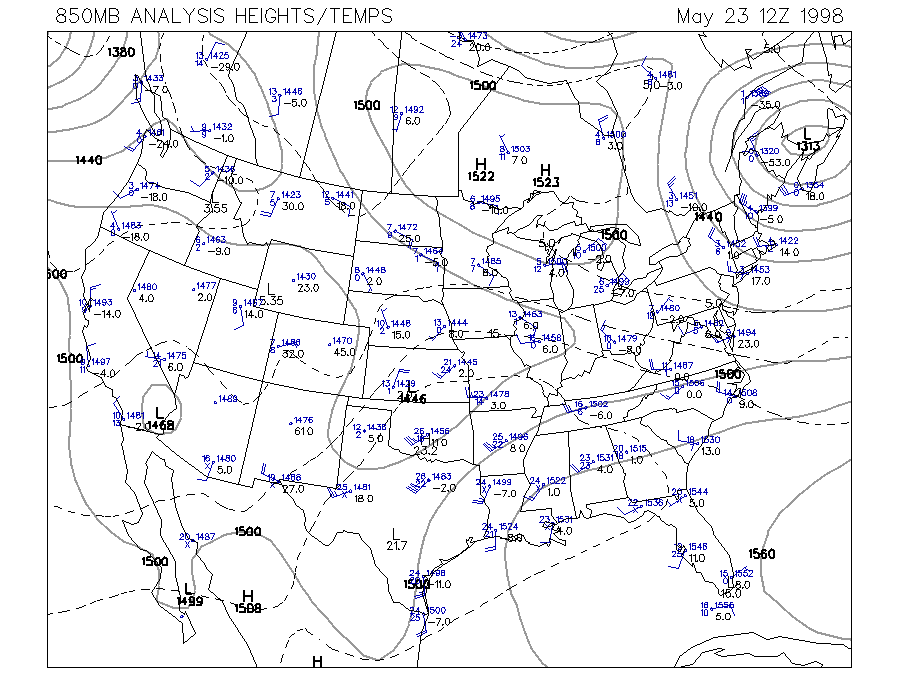 850 MB Upper Air Map at 7:00 am CDT on 5/23/1998