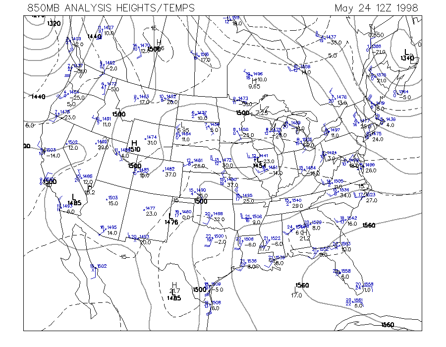 850 MB Upper Air Map at 7:00 am CDT on 5/24/1998