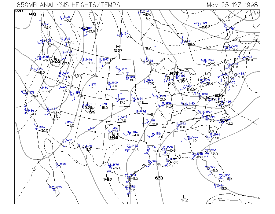850 MB Upper Air Map at 7:00 am CDT on 5/25/1998