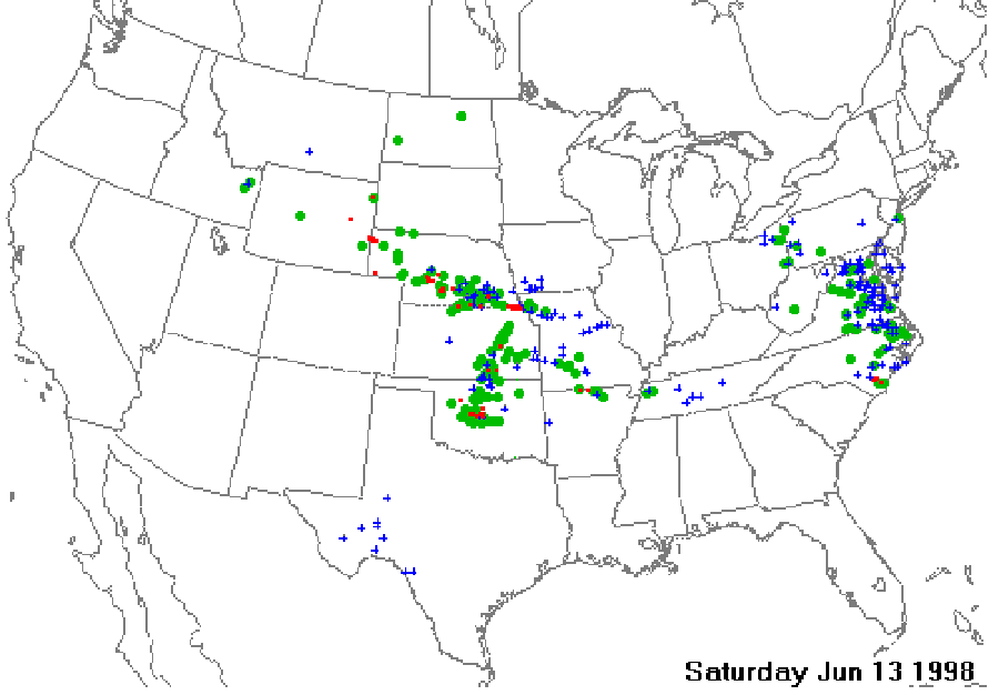 SPC Storm Reports for 6 AM CST June 13, 1998 - 6 AM CST June 14, 1998