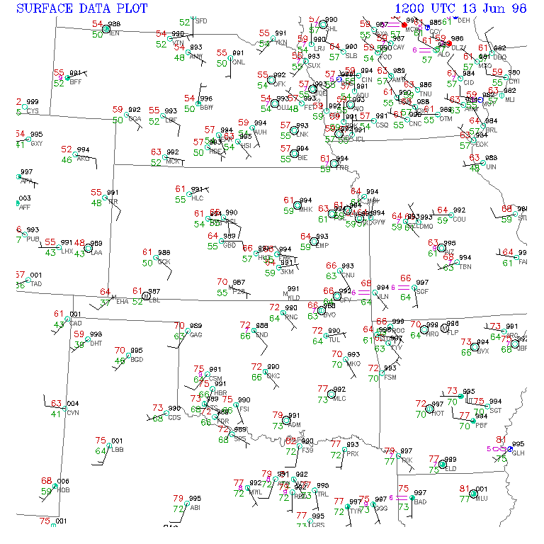Surface Observations Map at 7 AM CDT, June 13, 1998
