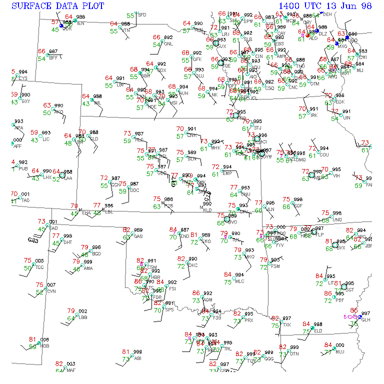 Surface Observations Map at 9 AM CDT, June 13, 1998