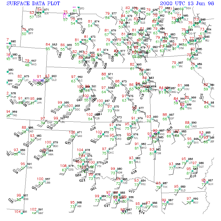 Surface Observations Map at 3 PM CDT, June 13, 1998