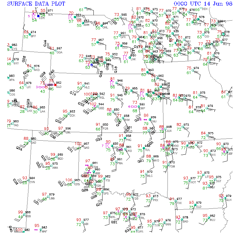 Surface Observations Map at 7 PM CDT, June 13, 1998