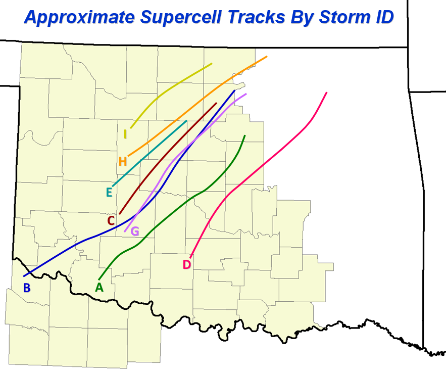 Approximate Supercell Thunderstorm Tracks by Storm ID for the May 3, 1999 Tornado Outbreak in the NWS Norman Forecast Area