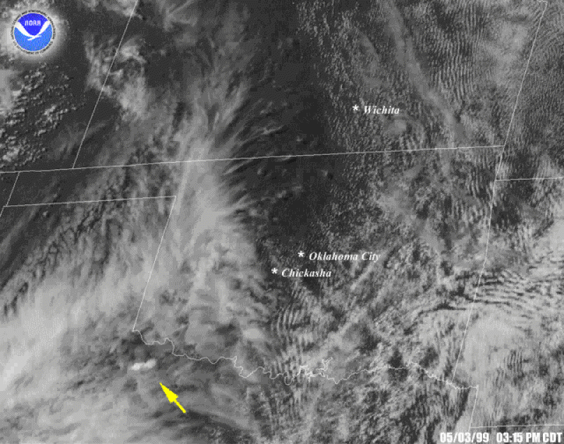 Visible image loop from the GOES-8 satellite showing the development of the supercells responsible for the tornado outbreak from 3:15-7:45 PM CDT on May 3, 1999.