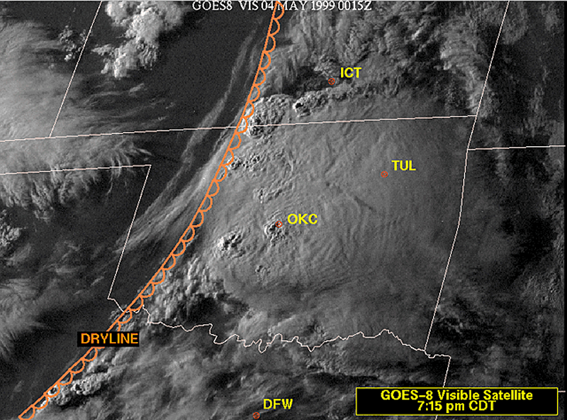 Visible satellite image at 7:15 PM CDT on May 3, 1999 with the dryline position superimposed.