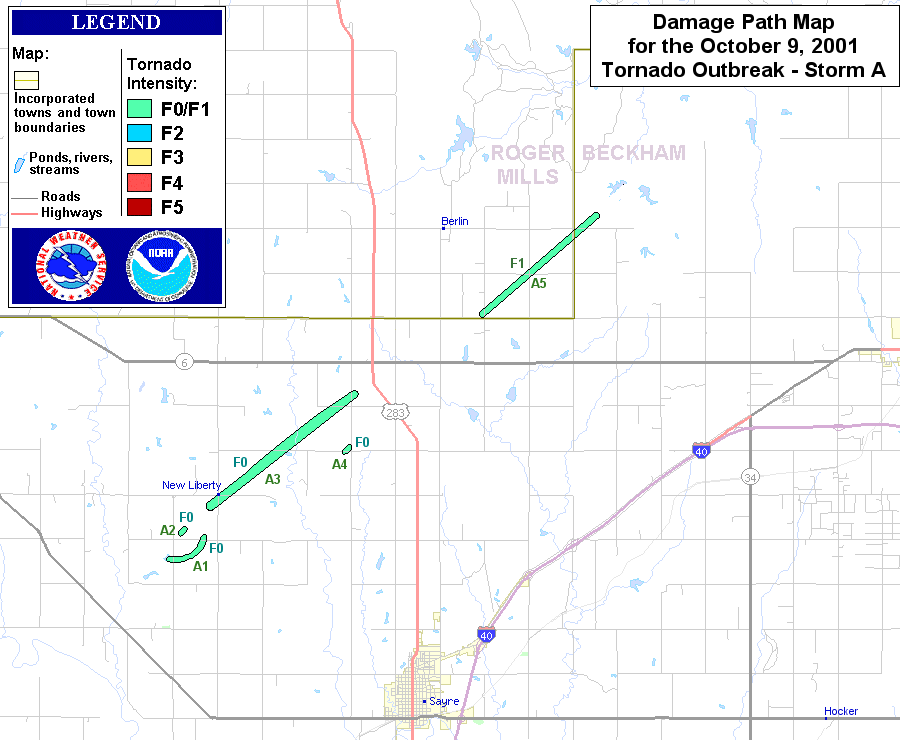 Damage Path Map for Tornadoes produced by Storm A on October 9, 2001