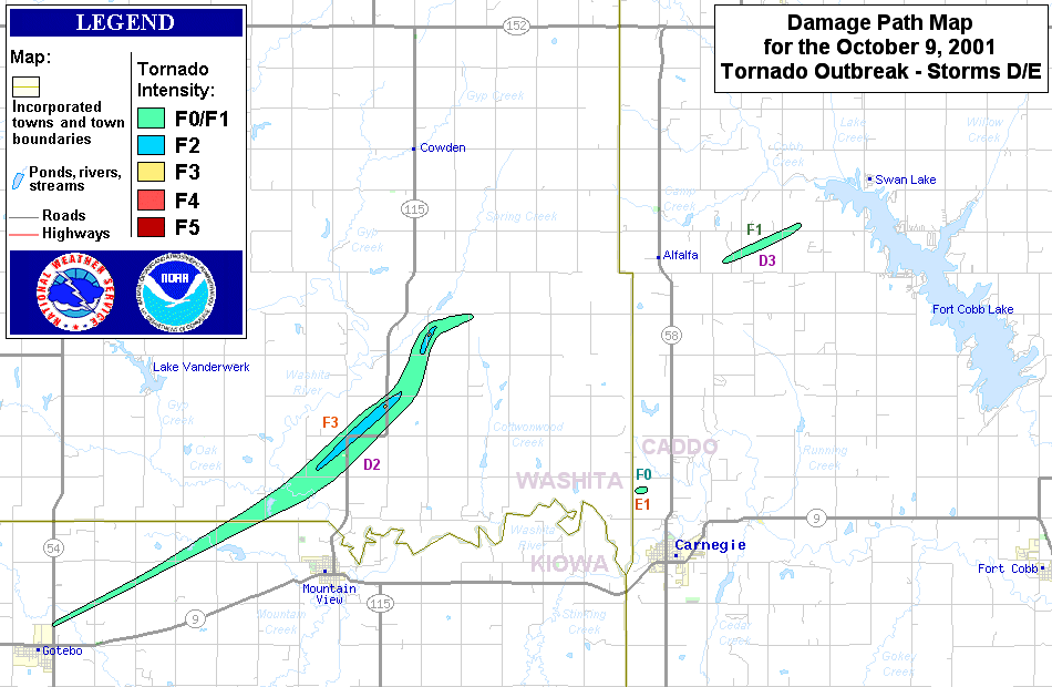 Damage Path Map for Tornadoes produced by Storms D & E on October 9, 2001