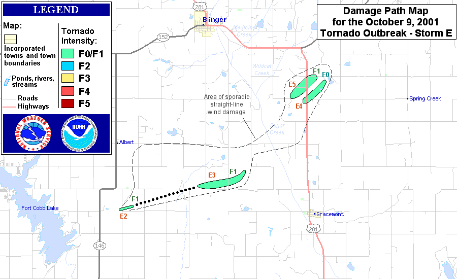 Damage Path Map for Tornadoes produced by Storm E on October 9, 2001