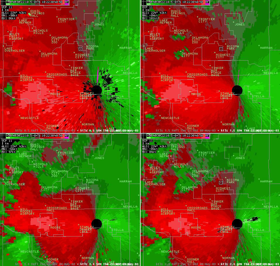 Twin Lakes, OK (KTLX) 4-panel Storm Relative Velocity Display for 5:00 pm CDT, 5/08/2003