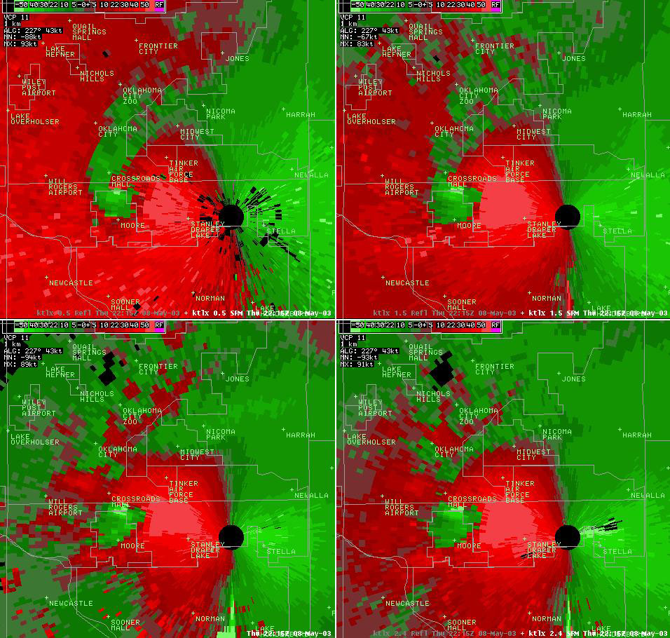 Twin Lakes, OK (KTLX) 4-panel Storm Relative Velocity Display for 5:15 pm CDT, 5/08/2003