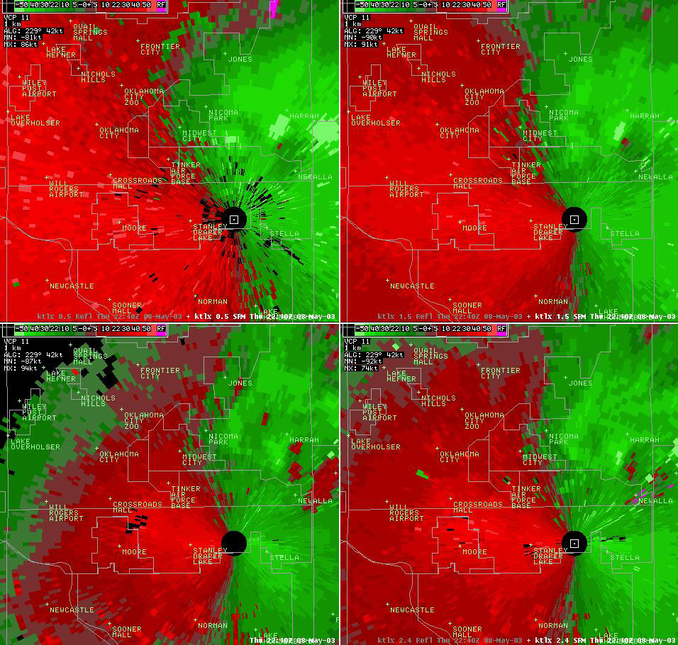 Twin Lakes, OK (KTLX) 4-panel Storm Relative Velocity Display for 5:40 pm CDT, 5/08/2003