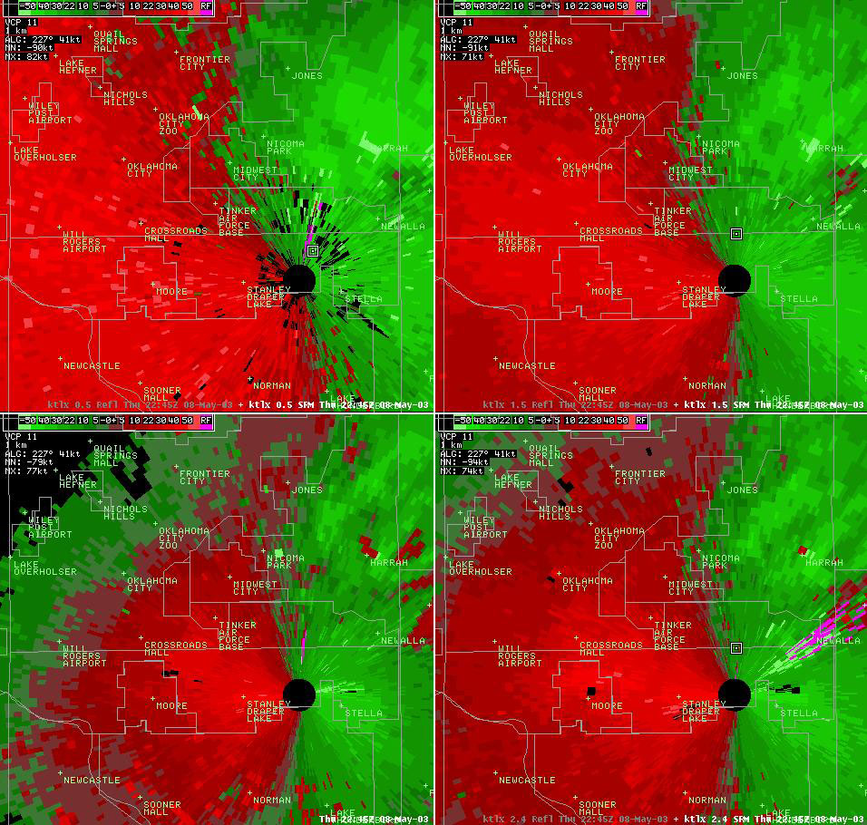 Twin Lakes, OK (KTLX) 4-panel Storm Relative Velocity Display for 5:45 pm CDT, 5/08/2003