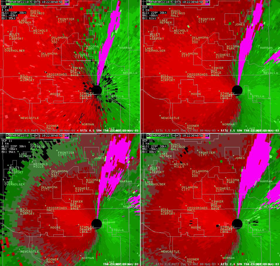 Twin Lakes, OK (KTLX) 4-panel Storm Relative Velocity Display for 6:00 pm CDT, 5/08/2003