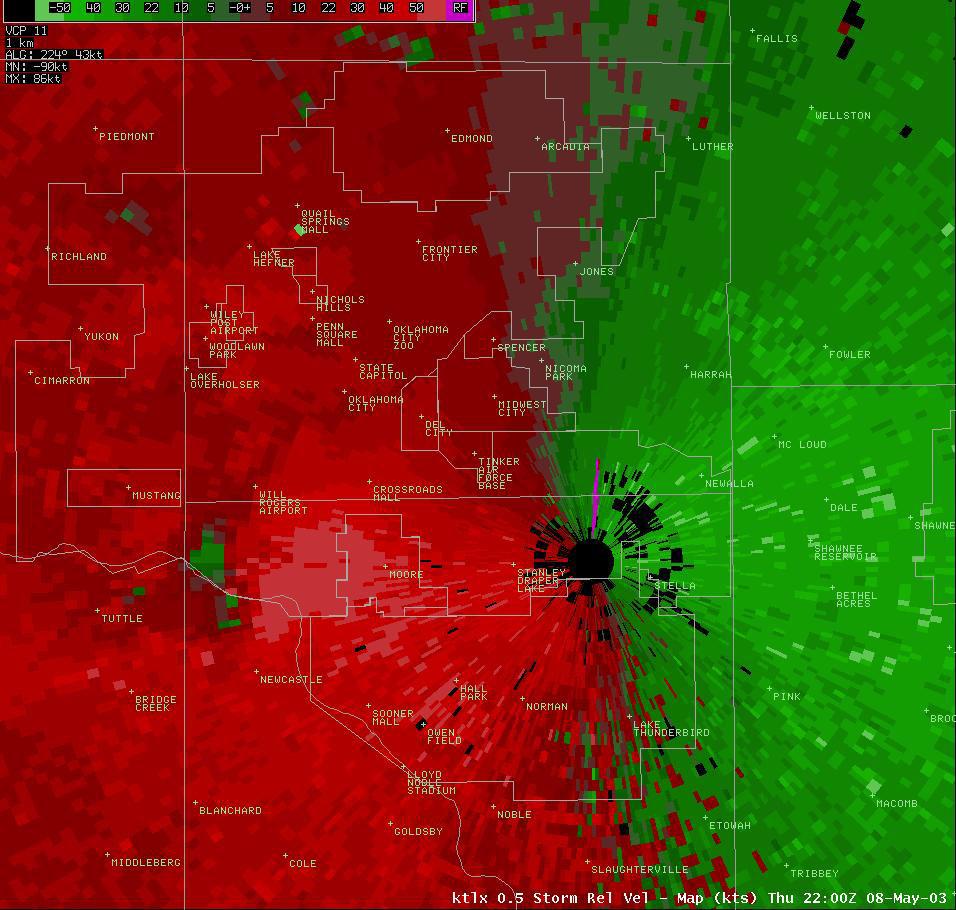 Twin Lakes, OK (KTLX) Storm Relative Velocity Display for 5:00 pm CDT, 5/08/2003