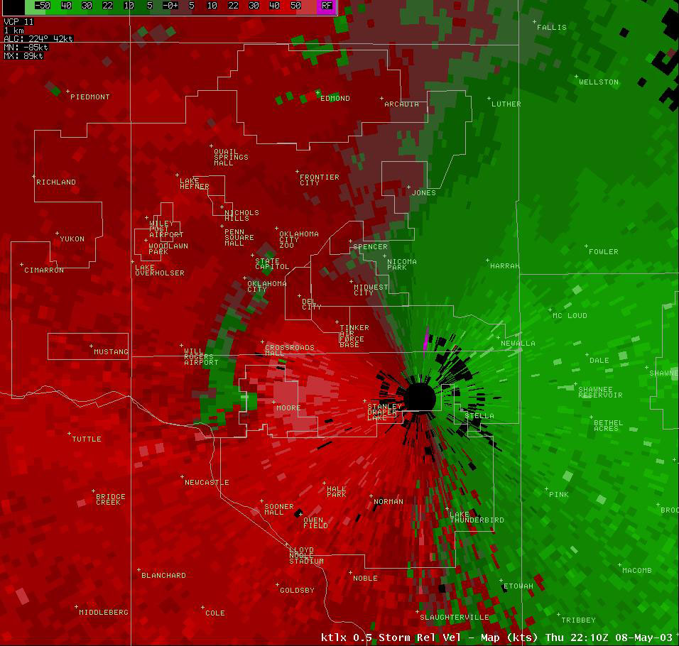 Twin Lakes, OK (KTLX) Storm Relative Velocity Display for 5:10 pm CDT, 5/08/2003