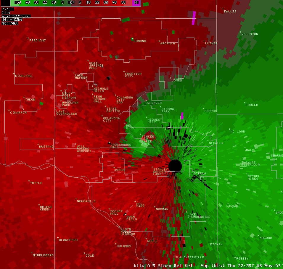 Oklahoma City/Twin Lakes (KTLX) Storm Relative Velocity at 5:25 PM CDT 5/08/2003