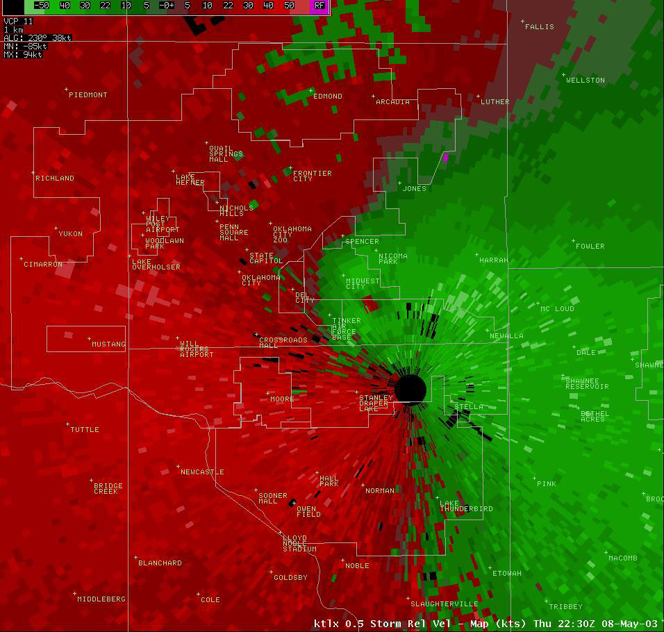 Twin Lakes, OK (KTLX) Storm Relative Velocity Display for 5:30 pm CDT, 5/08/2003