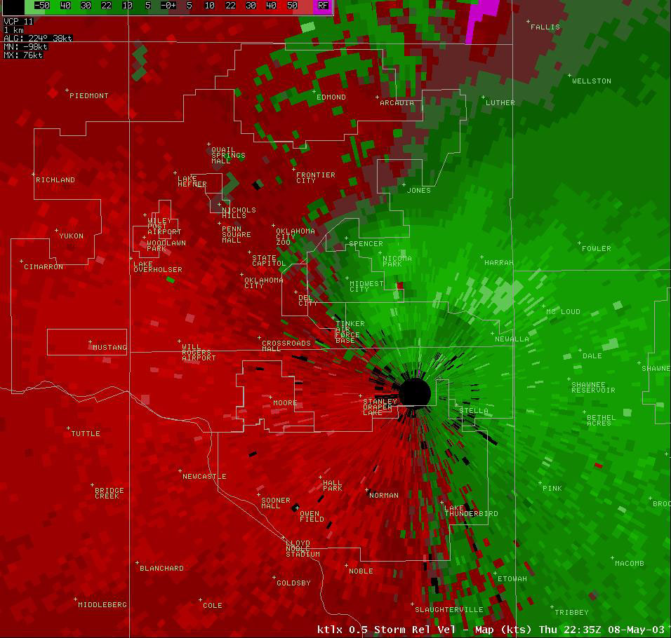 Twin Lakes, OK (KTLX) Storm Relative Velocity Display for 5:35 pm CDT, 5/08/2003